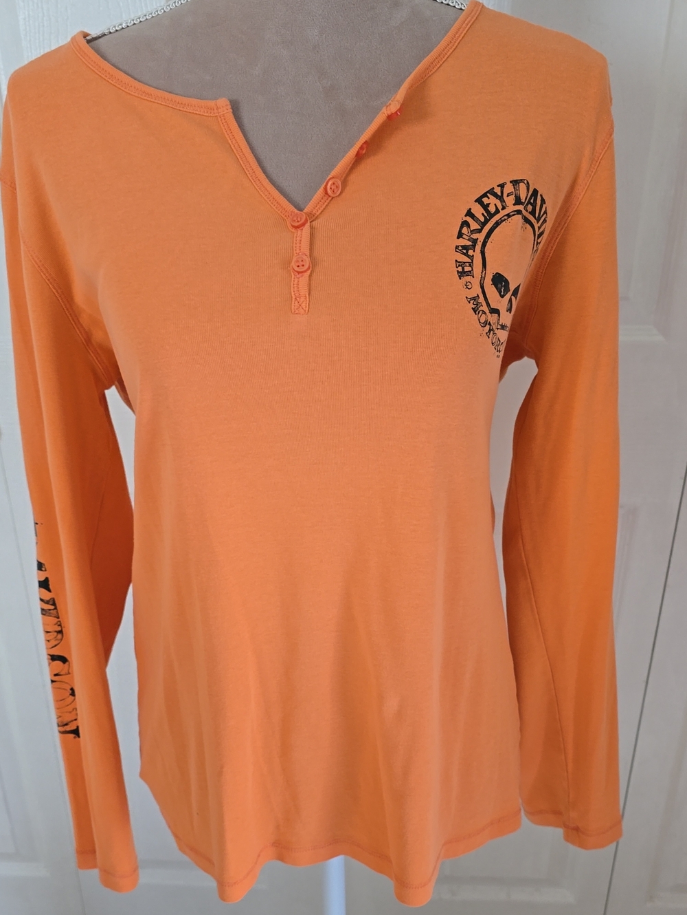 Womens XL Harley-Davidson Orange Long-Sleeve Henley with Skull Logo